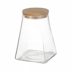 Borcan pentru condimente, sticla transparenta cu capac din bambus, 900 ml, etans, 9x9x13.6 cm,
