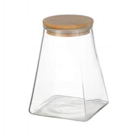 Borcan pentru condimente, sticla transparenta cu capac din bambus, 900 ml, etans, 9x9x13.6 cm,