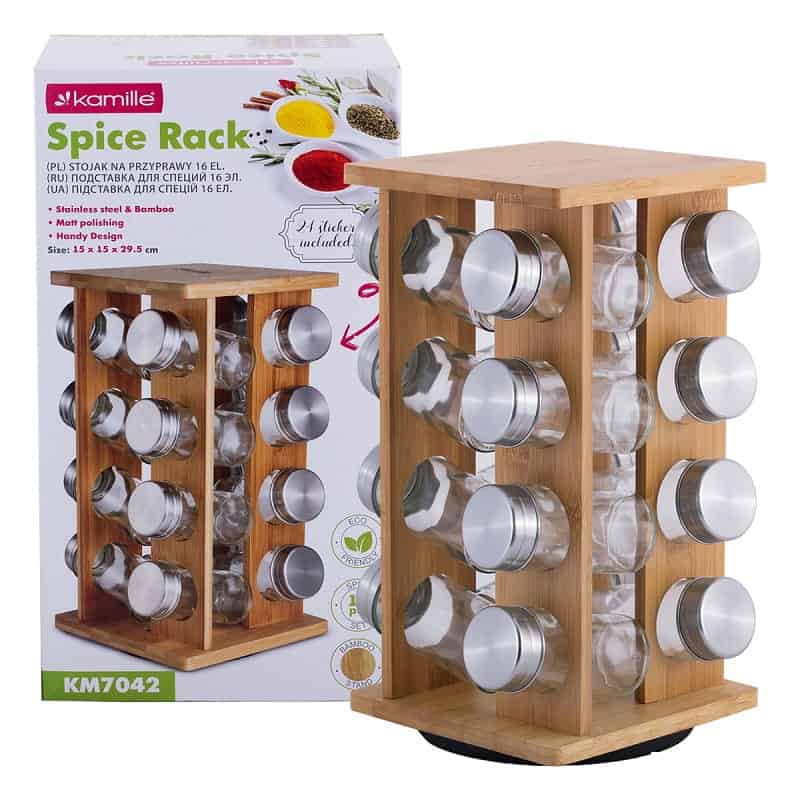 Set suport rotativ condimente + 16 recipiente, Bambus/Sticla - imagine 3