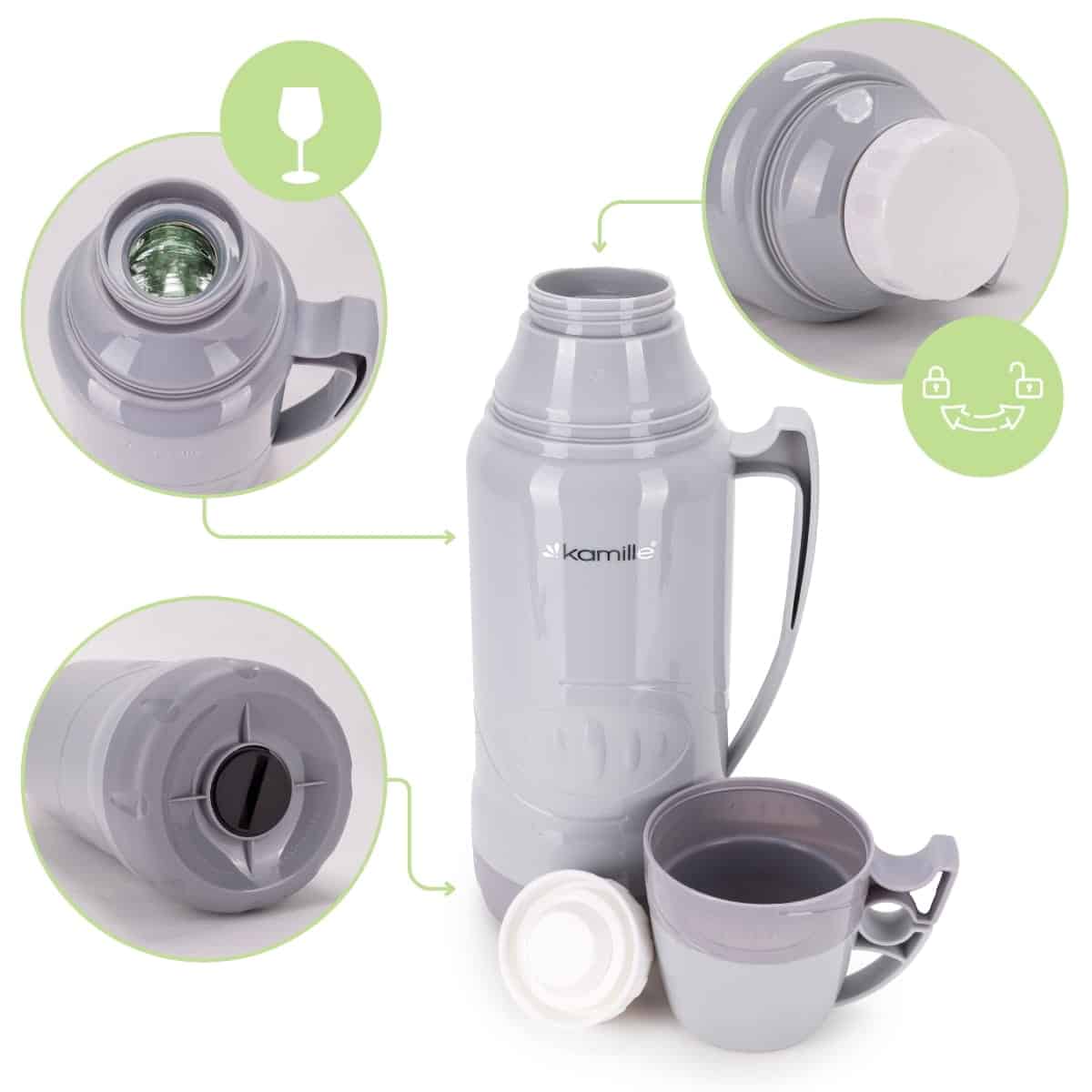 Termos cu insertie sticla, 1.8 L, 2 cani integrate, izolare 12 ore - imagine 2