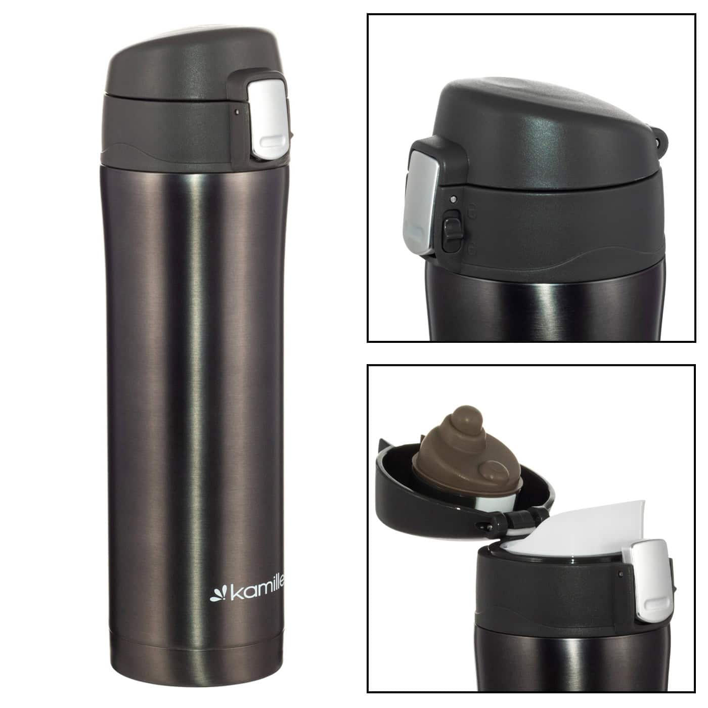 Cana termos portabila, otel inoxidabil, 450 ml, bidon termoizolant, Negru - imagine 5