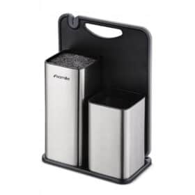 Set suport bloc cutite cu tocator, inox, antiderapant, 2 compartimente, argintiu/negru