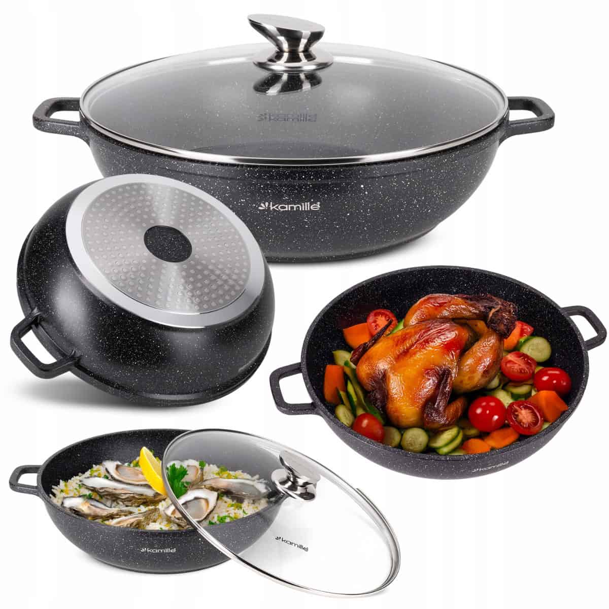 Cratita, invelis marmorat, 5.5 L, cu capac de sticla, aluminiu, inductie - imagine 2