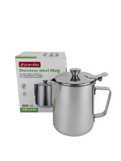 Cana/pahar din inox, 600 ml, cu capac, 9 x 14 cm, argintiu