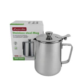 Cana/pahar din inox, 600 ml, cu capac, 9 x 14 cm, argintiu