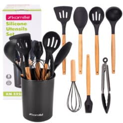 Set de 8 ustensile de bucatarie cu suport / pahar, din silicon cu maner de lemn