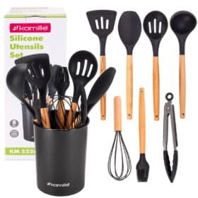 Set de 8 ustensile de bucatarie cu suport / pahar, din silicon cu maner de lemn