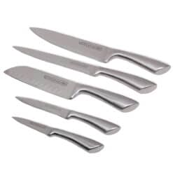 Set 5 cutite cu suport, inox, 8.5-20 cm, argintiu