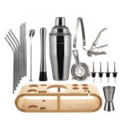 Set Ustensile Barman Profesional, 21 Piese, Otel Inoxidabil, cu Suport din Lemn