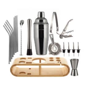 Set Ustensile Barman Profesional, 21 Piese, Otel Inoxidabil, cu Suport din Lemn