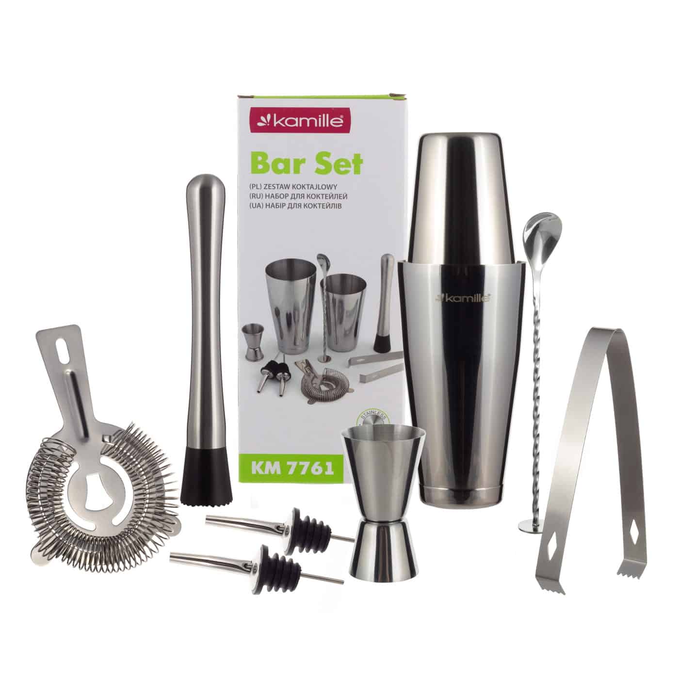 Set barman pentru cocktail-uri, inox, 9 piese, 800 ml/550 ml, argintiu
