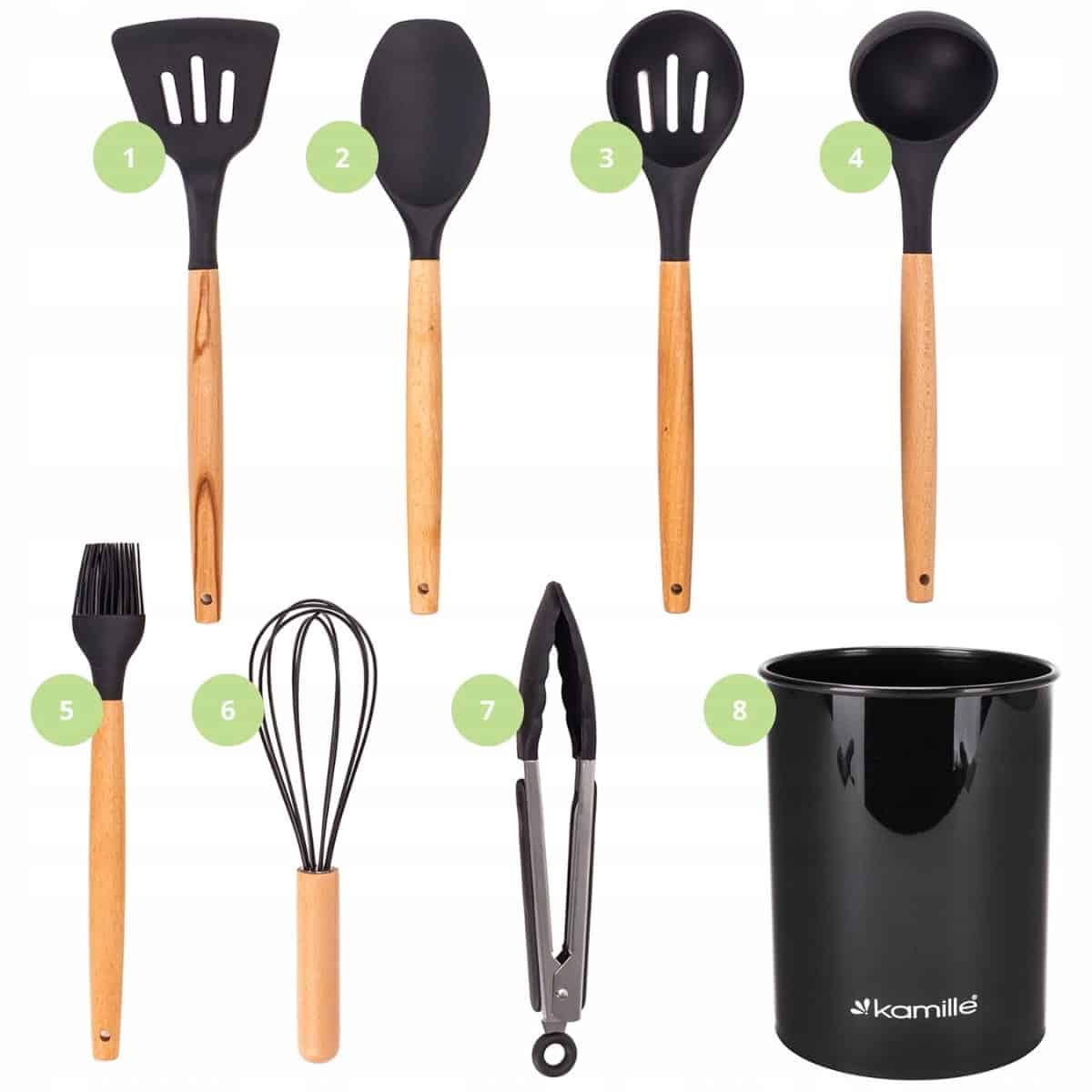 Set de 8 ustensile de bucatarie cu suport / pahar, din silicon cu maner de lemn - imagine 6