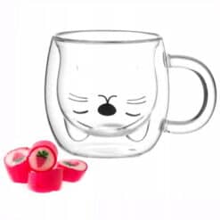 Cana din sticla borosilicata, 250 ml, cu model pisica, perete dublu
