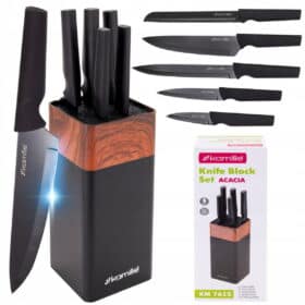 Set 5 cutite de bucatarie, cu suport, inox/plastic, negru