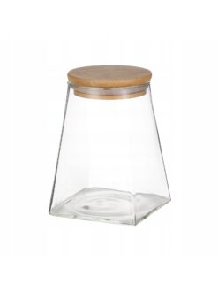 Borcan pentru condimente, sticla transparenta cu capac din bambus, 600 ml, etans, 9x9x11.6cm,