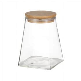 Borcan pentru condimente, sticla transparenta cu capac din bambus, 600 ml, etans, 9x9x11.6cm,