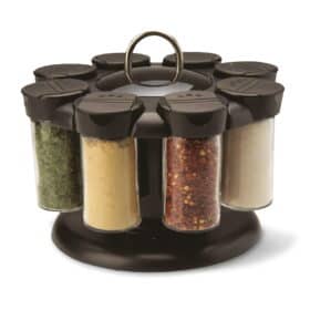 Set 8 recipiente pentru condimente, sticla, cu suport, 17 x 18 cm, negru/transparent