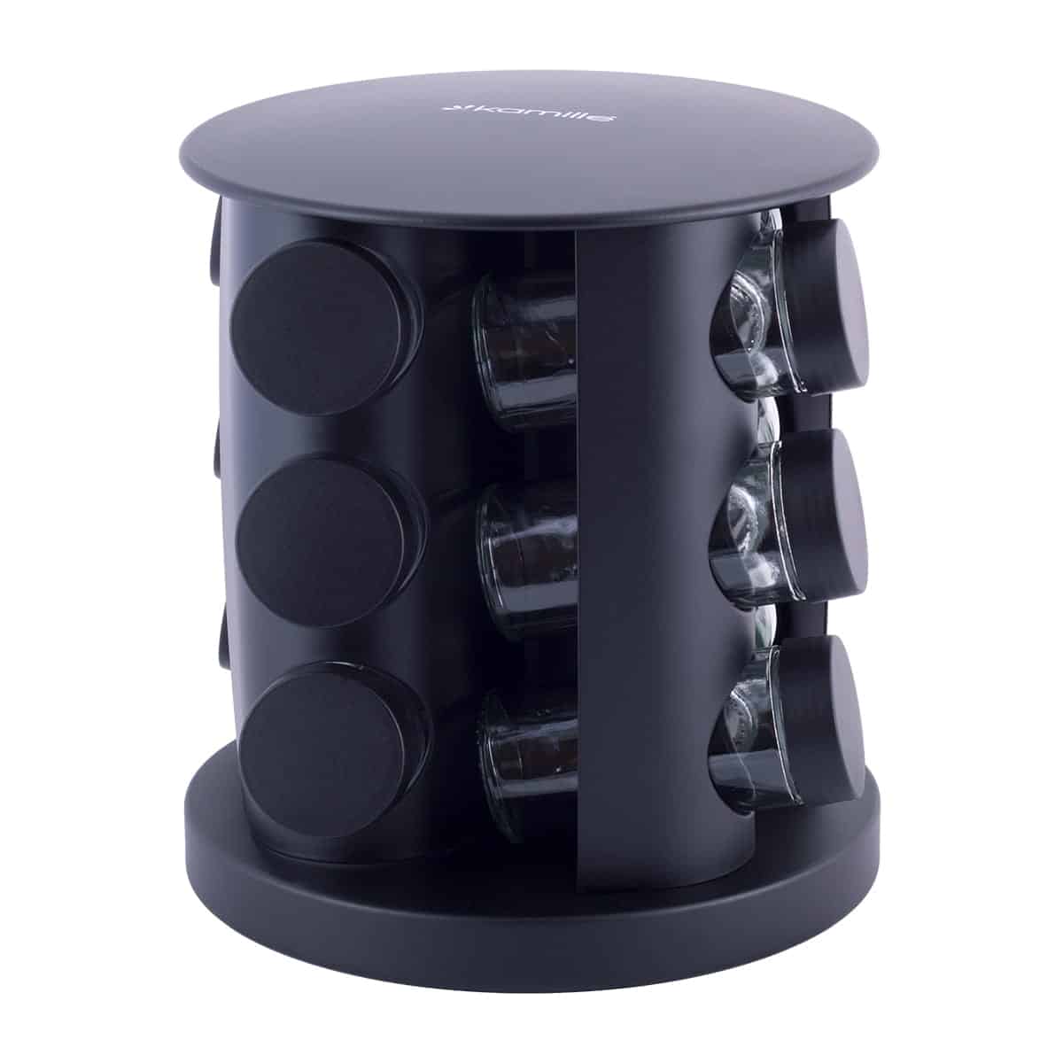 Set suport rotativ condimente, 12 recipiente, inox, negru