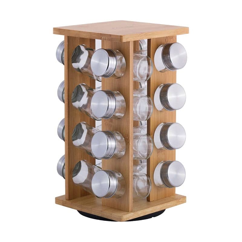 Set suport rotativ condimente + 16 recipiente, Bambus/Sticla - imagine 4