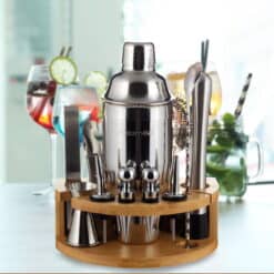 Set barman profesional, inox, 11 piese, cu stand/suport, argintiu