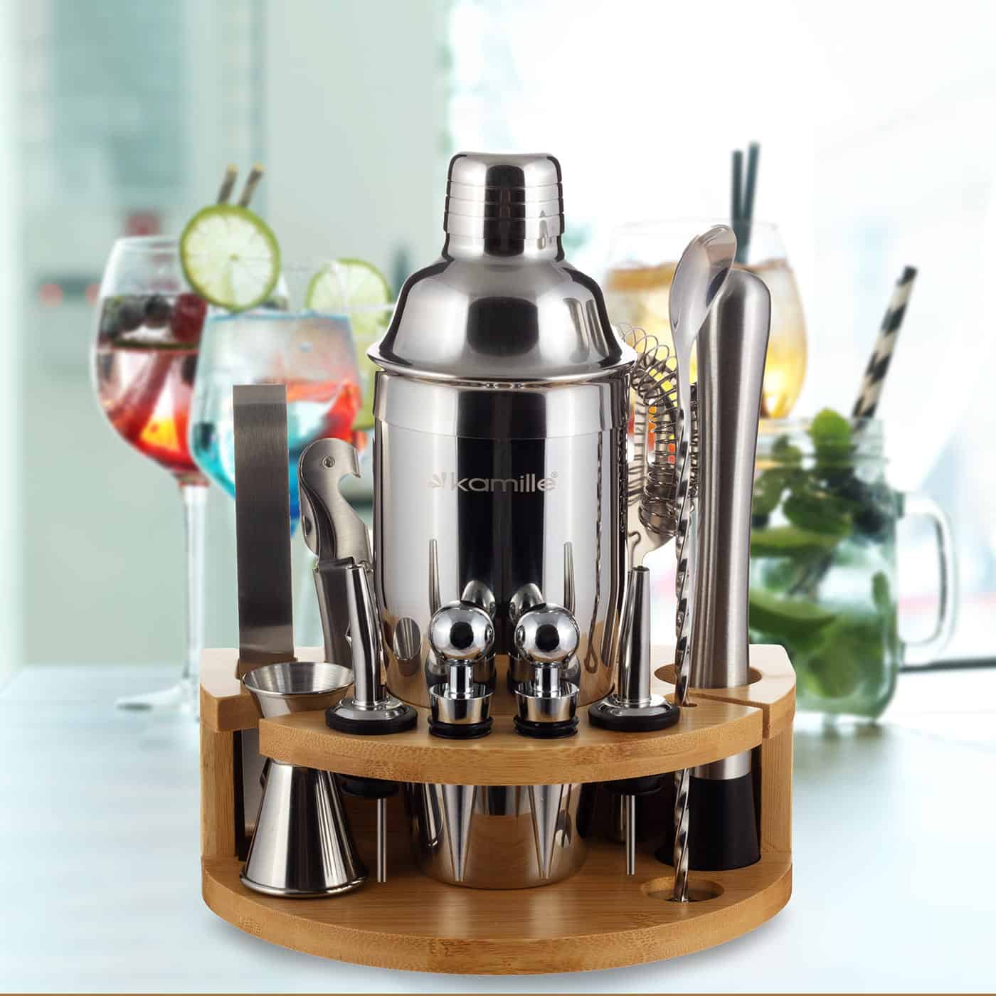 Set barman profesional, inox, 11 piese, cu stand/suport, argintiu
