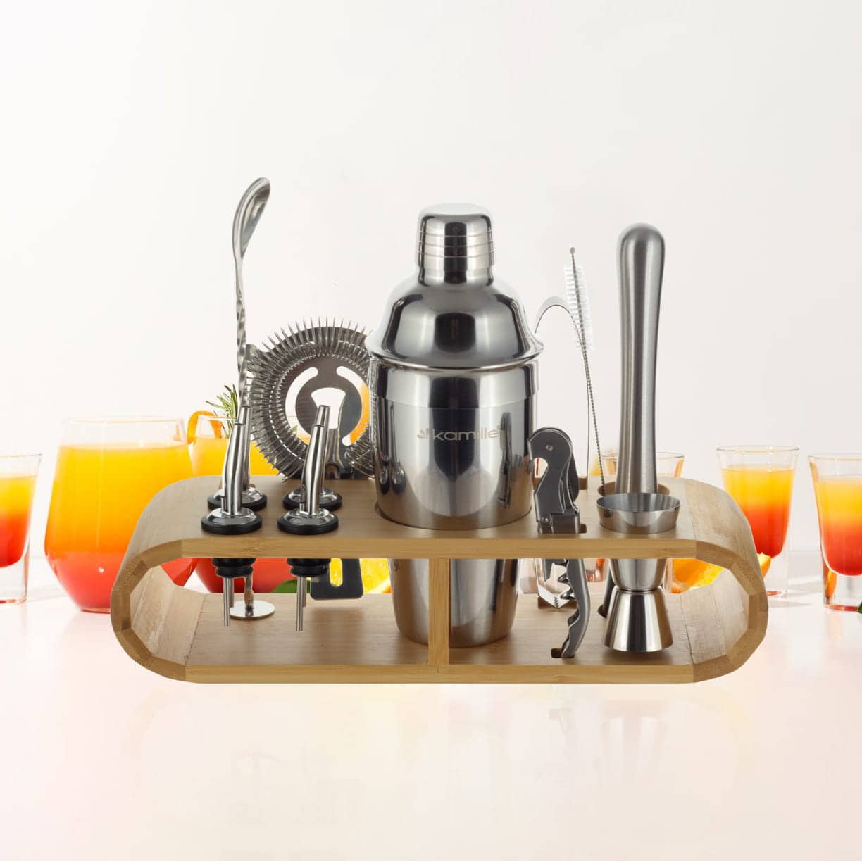 Set Ustensile Barman Profesional, 21 Piese, Otel Inoxidabil, cu Suport din Lemn - imagine 3