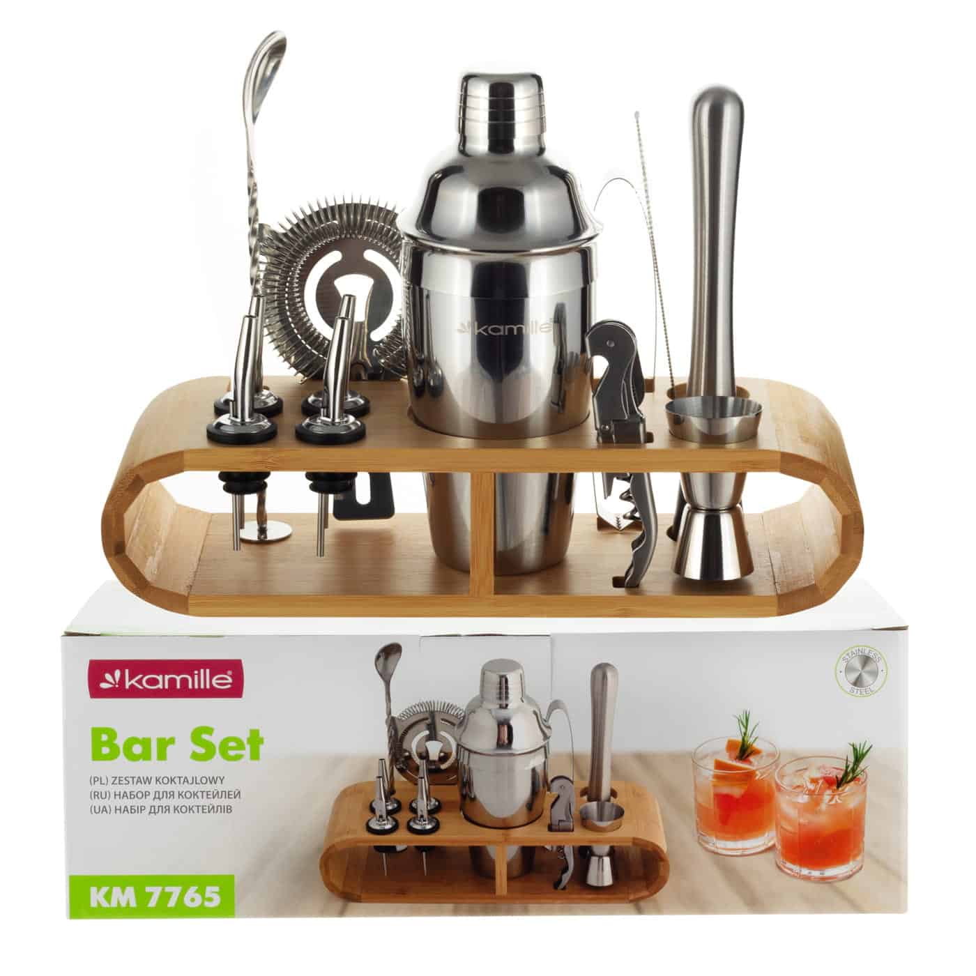 Set Ustensile Barman Profesional, 21 Piese, Otel Inoxidabil, cu Suport din Lemn - imagine 12