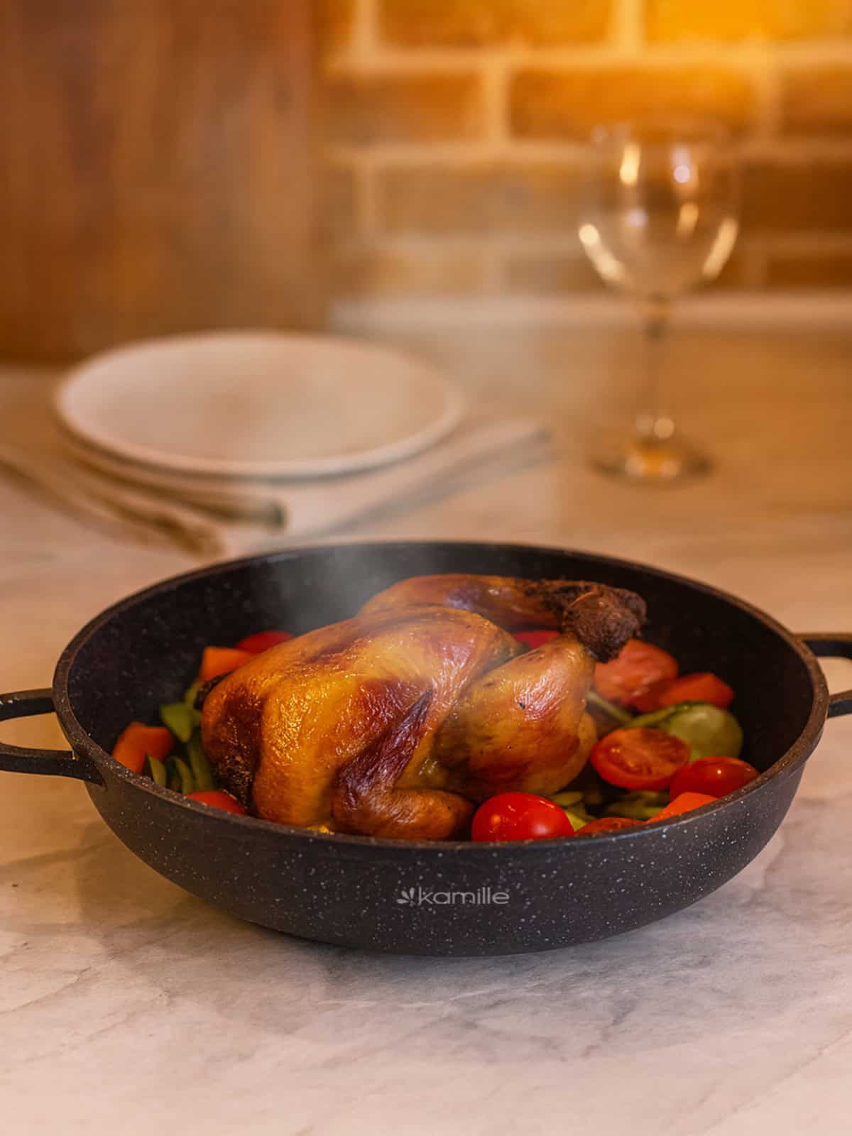 Cratita, invelis marmorat, 5.5 L, cu capac de sticla, aluminiu, inductie - imagine 3