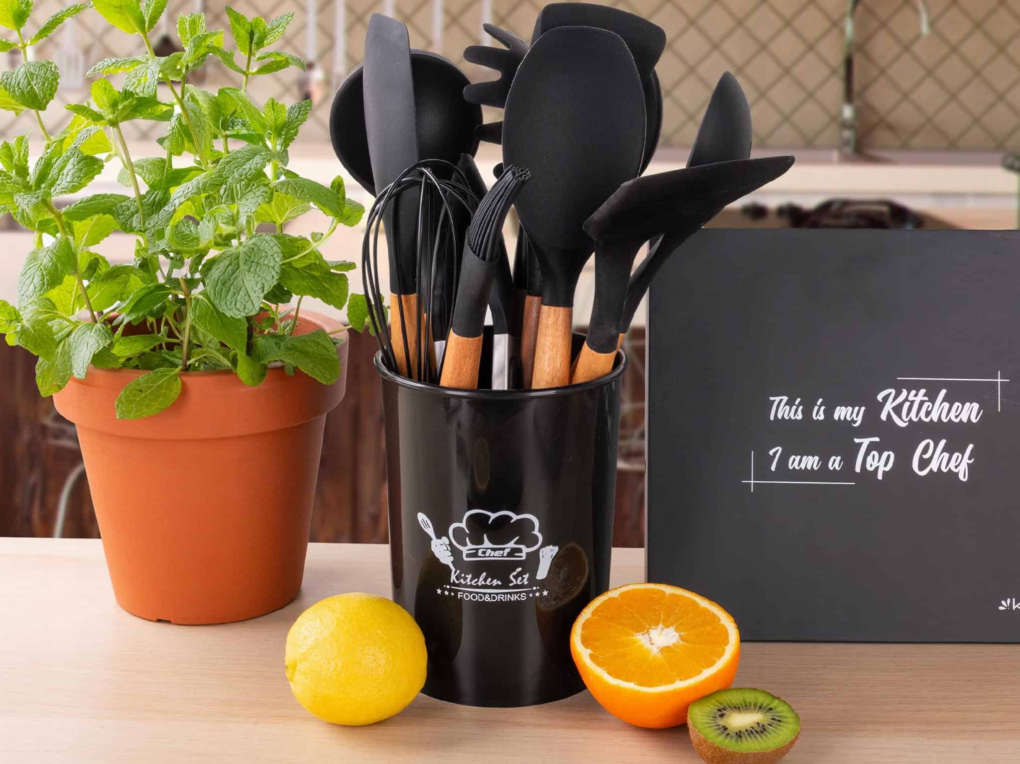 Set ustensile bucatarie 11 piese, silicon, cu suport - imagine 2