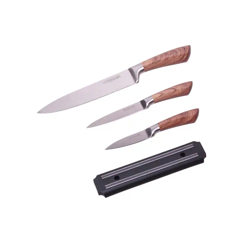 Set 3 cutite, Inox, cu suport magnetic, maner din lemn