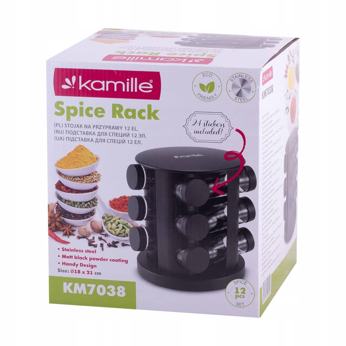 Set suport rotativ condimente, 12 recipiente, inox, negru - imagine 6