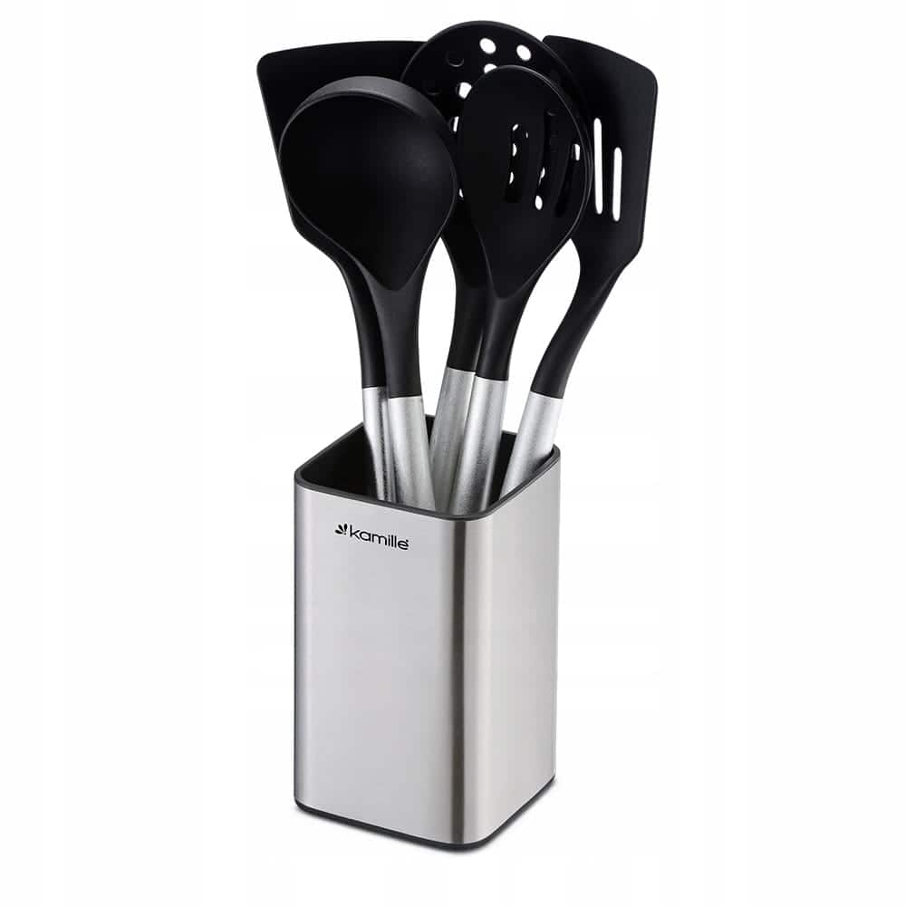 Set ustensile de bucatarie 5 piese, inox si nylon, cu suport