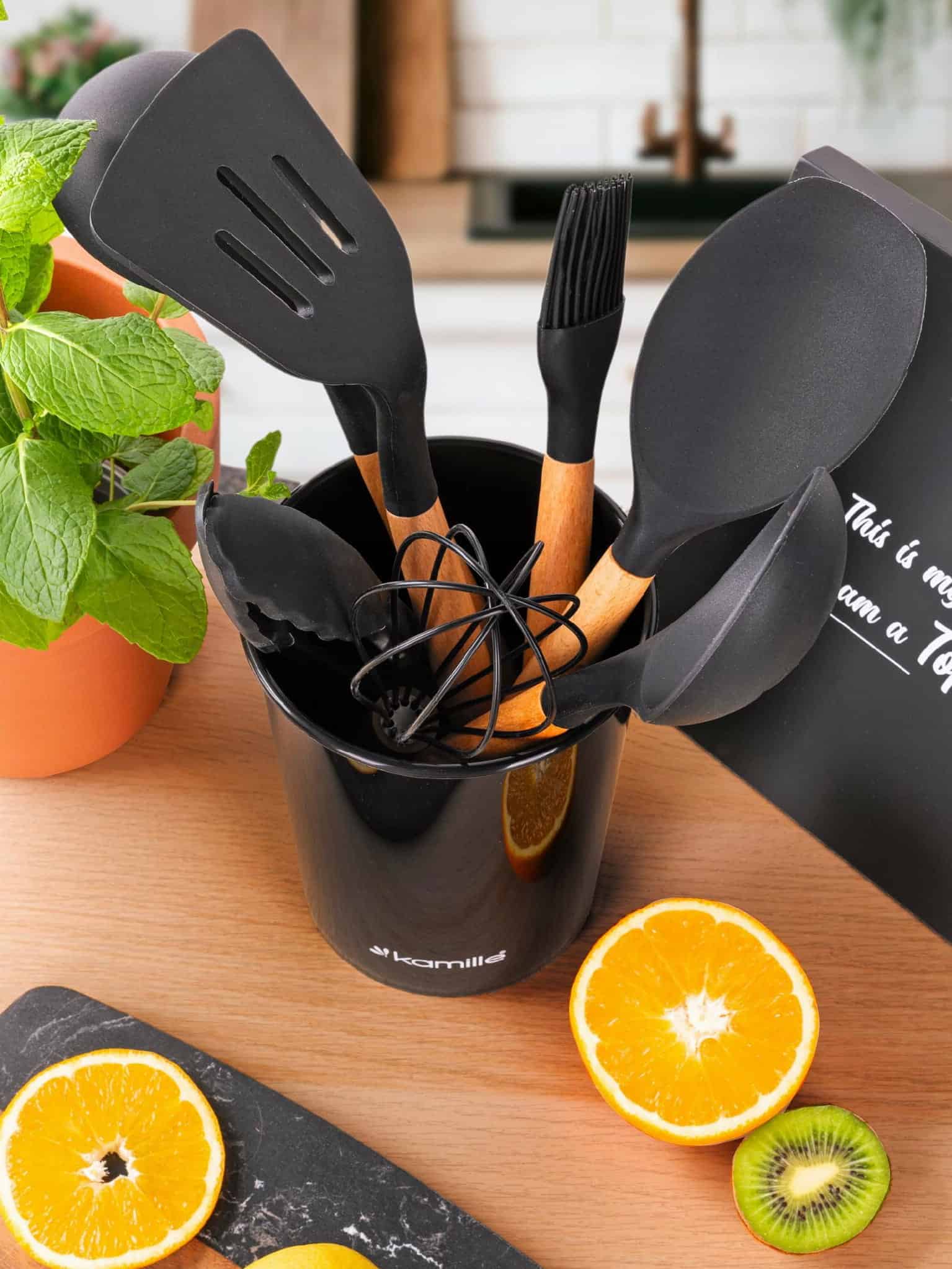 Set de 8 ustensile de bucatarie cu suport / pahar, din silicon cu maner de lemn - imagine 3