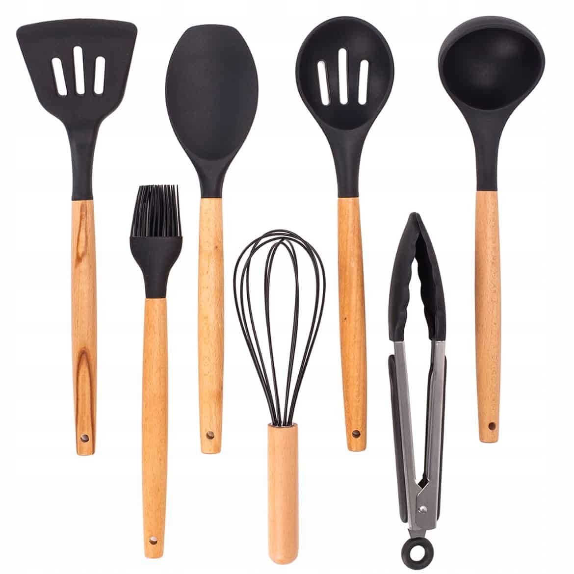 Set de 8 ustensile de bucatarie cu suport / pahar, din silicon cu maner de lemn - imagine 5