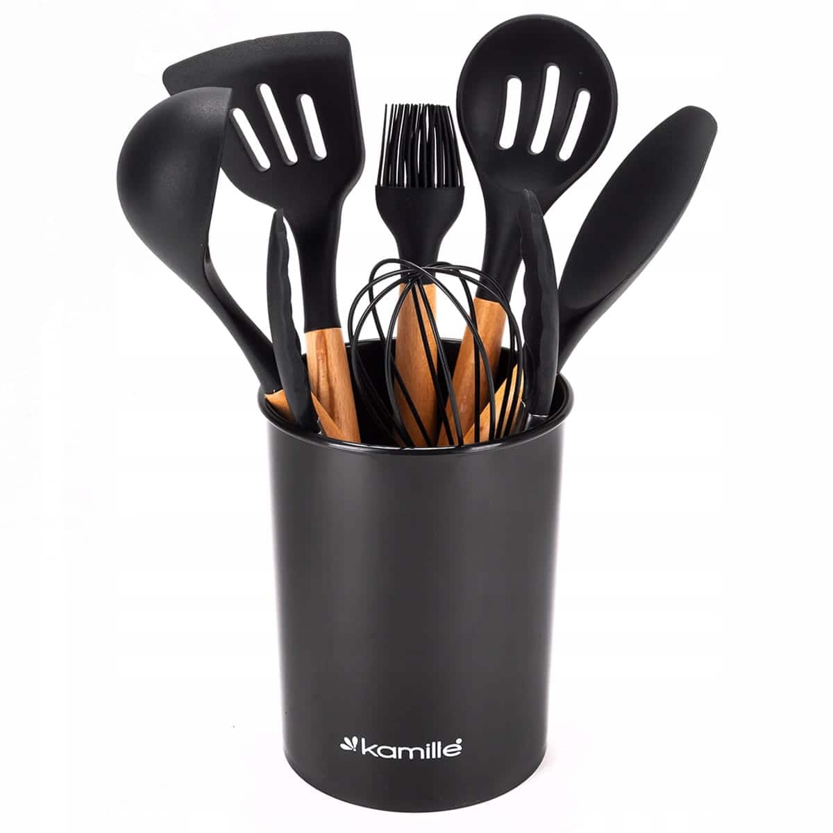 Set de 8 ustensile de bucatarie cu suport / pahar, din silicon cu maner de lemn - imagine 4