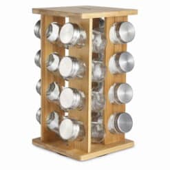 Set suport rotativ condimente + 16 recipiente, Bambus/Sticla