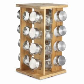 Set suport rotativ condimente + 16 recipiente, Bambus/Sticla