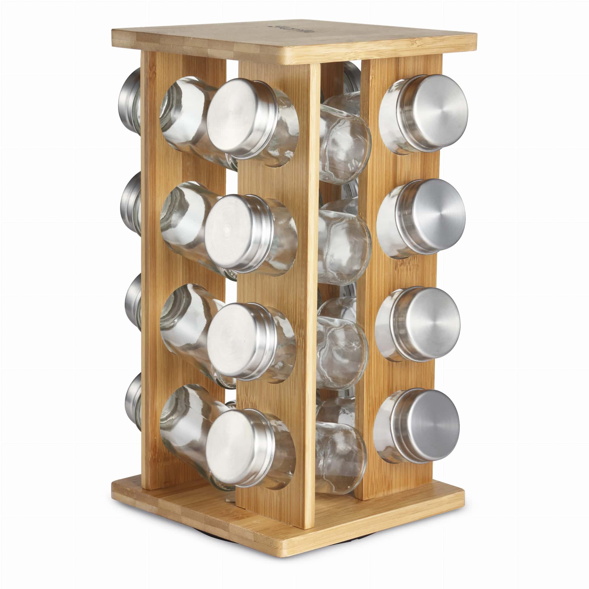 Set suport rotativ condimente + 16 recipiente, Bambus/Sticla