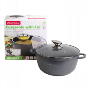 Oala, invelis granit, 4.5 L, 24 x 11.5 cm, aluminiu, capac sticla, negru/transparent