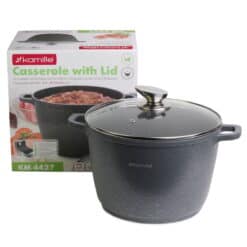 Oala, invelis granit, 6.2 L, 24 cm, aluminiu, capac sticla, gri/transparent