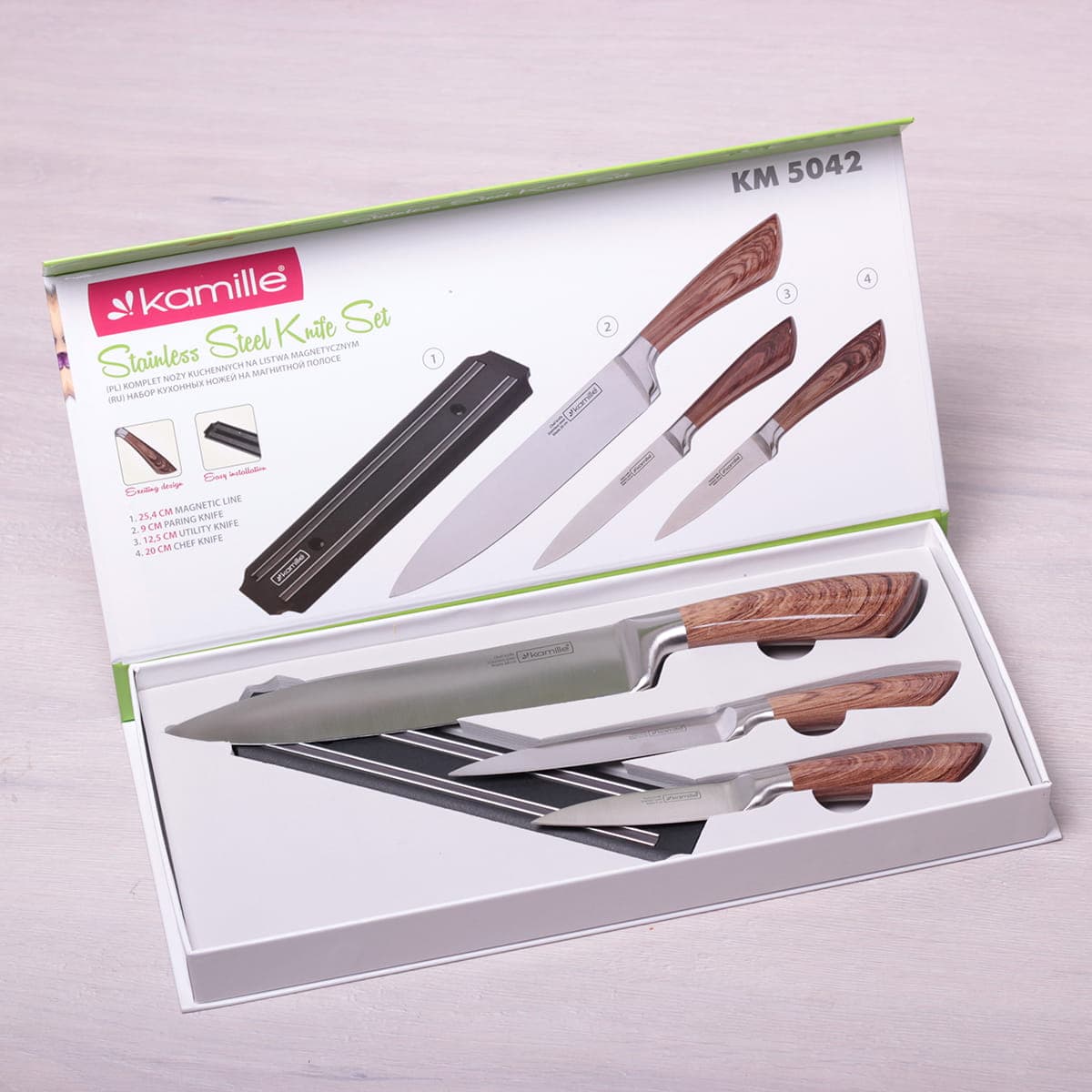 Set 3 cutite, Inox, cu suport magnetic, maner din lemn - imagine 2