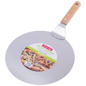 Tava (Platou) servire pizza, otel inoxidabil, 30.5 cm, cu maner lemn, argintiu/bej