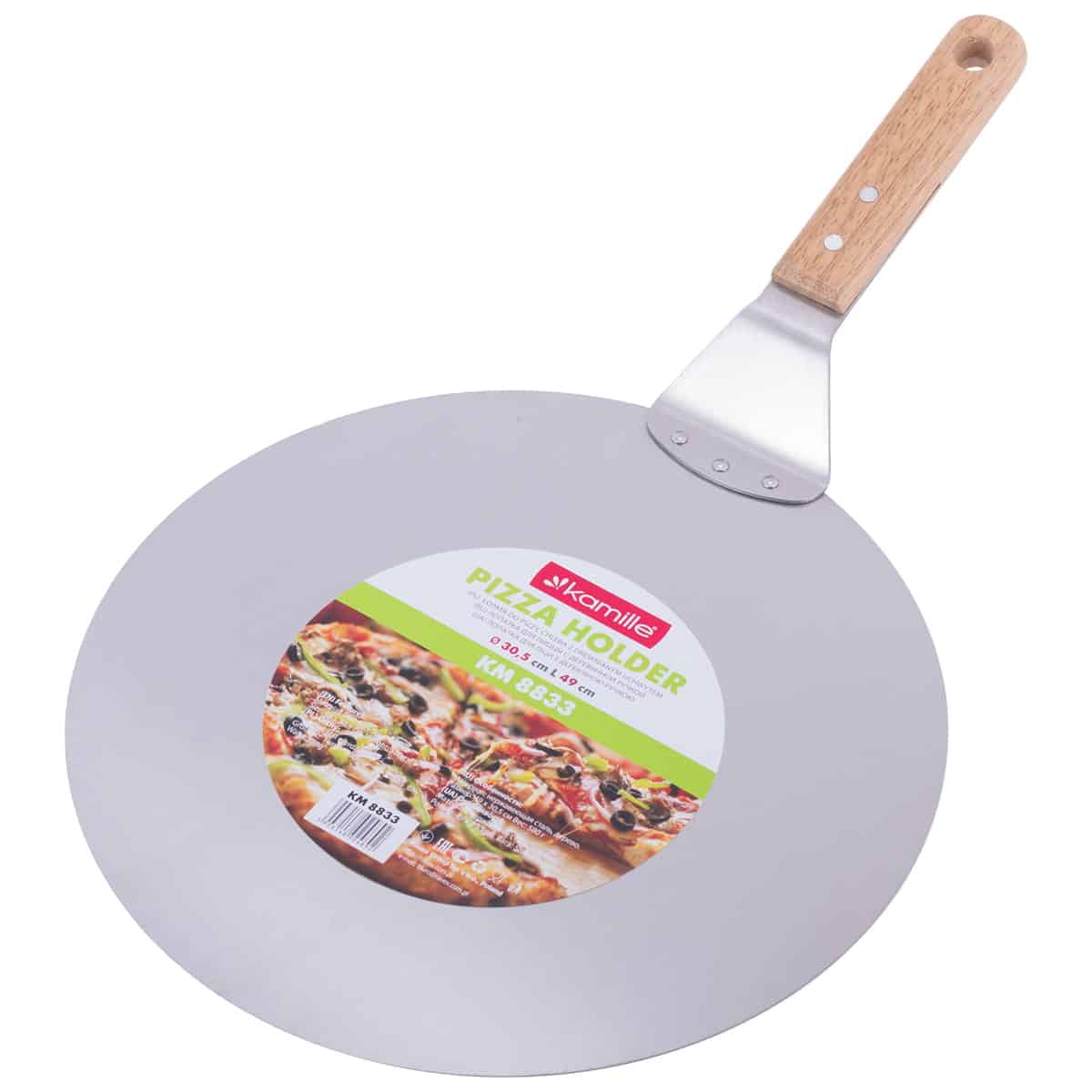 Tava (Platou) servire pizza, otel inoxidabil, 30.5 cm, cu maner lemn, argintiu/bej