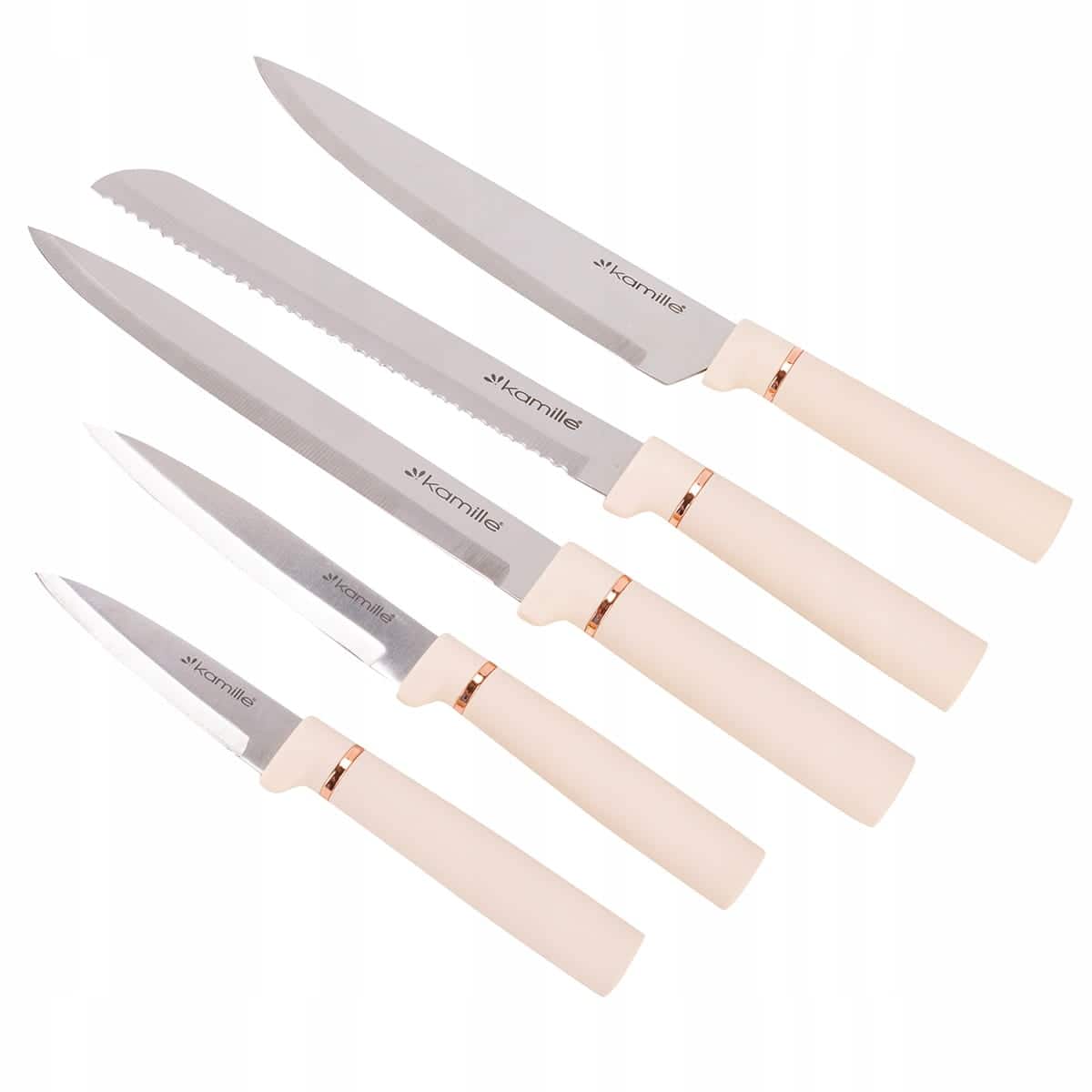 Set 5 bucati cutite bej, lame inox, cu suport - imagine 7