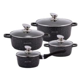 Set 4 Oale cu capac, aluminiu/marmura, 1.25 L - 4.5 L, negru