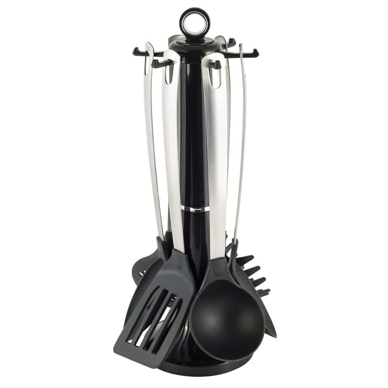 Set 7 piese ustensile cu suport rotativ, nylon, maner inox