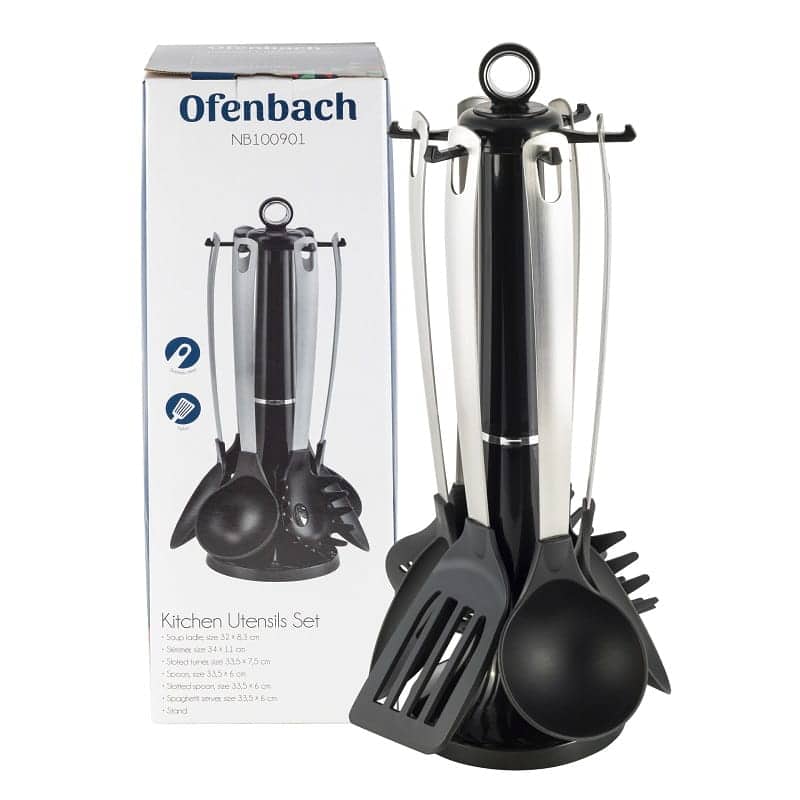 Set 7 piese ustensile cu suport rotativ, nylon, maner inox - imagine 5