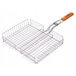 Plasă de grătar 40×30×7 cm cu pereți laterali și mâner din lemn