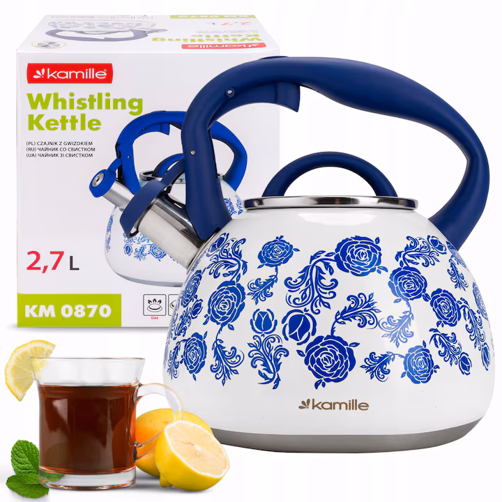 Ceainic inox 2.7 L cu fluier automat – design floral