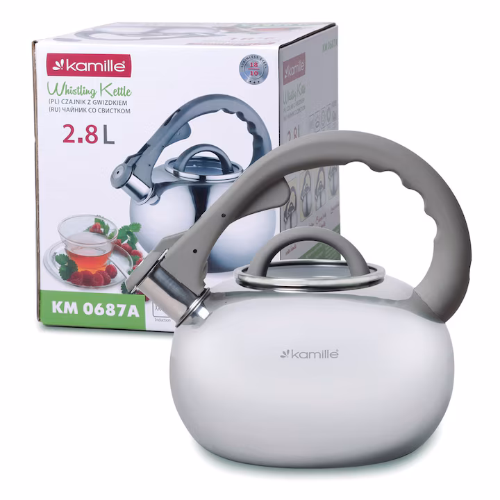 Fierbător inox argintiu 2.8L cu mâner ergonomic și fluier